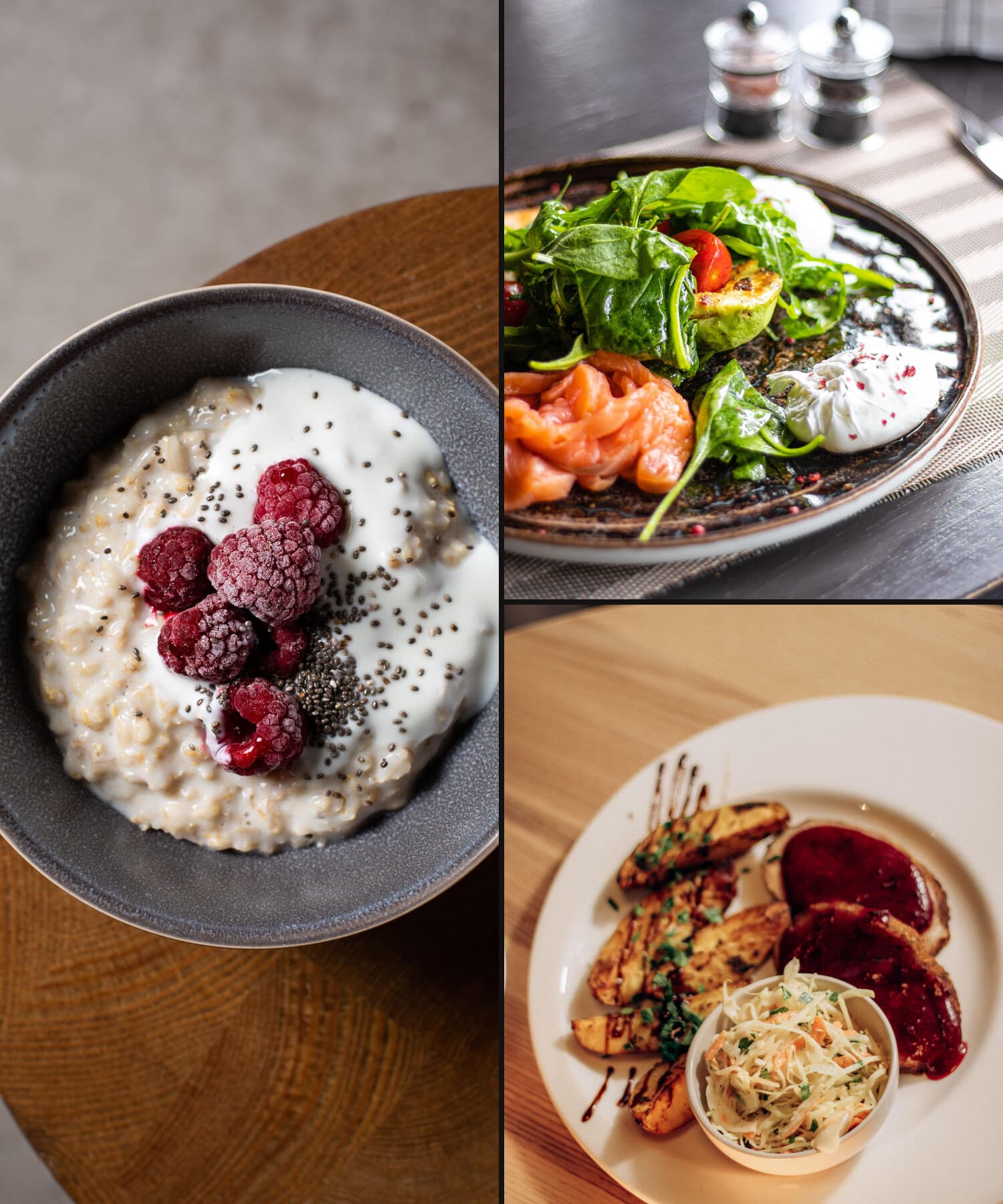 Trois assiettes : porridge aux fruits rouges, salade au saumon, viande grillée et légumes